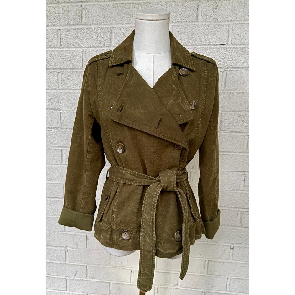 Chaser Vintage-Dyed Short Trench Coat Olive Utility Belted Double Breasted M